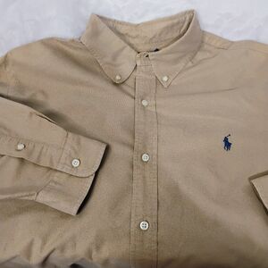 Polo Ralph Lauren Mens XL Khaki Tan Brown Long Sleeve Button Down Shirt Logo F